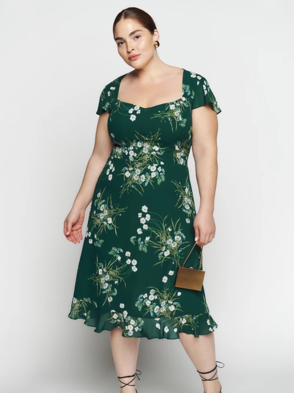 Reformation Deep Green Floral Square-Neck Rosi Midi Dress